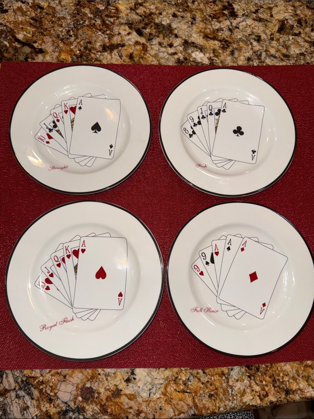 American Atelier White Ceramic Poker Card Dinner Plates with Black Rim set of 4